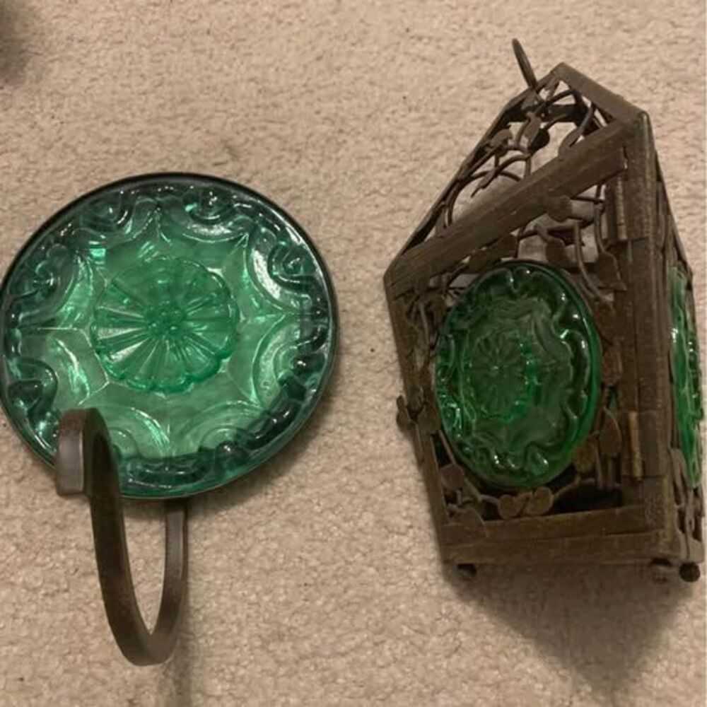 Partylite large metal and green glass hanging candle sconce
